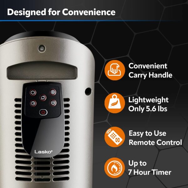 Lasko Oscillating Ceramic Tower Space Heater for Home with Adjustable Thermostat, Timer and Remote Control, 22.5 Inches, Grey/Black, 1500W, 751320 - Image 6