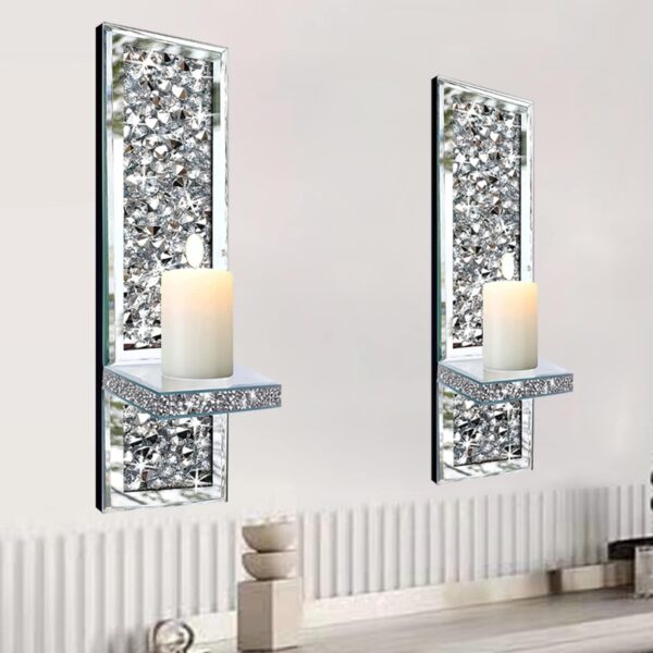 Set of 2 Crystal Crush Diamond Candle Sconces, Gorgeous Silver Mirrored Wall Sconce, Candle Holder Glass Wall Decorations for Home Décor, Living Room, Dining Room. - Image 6