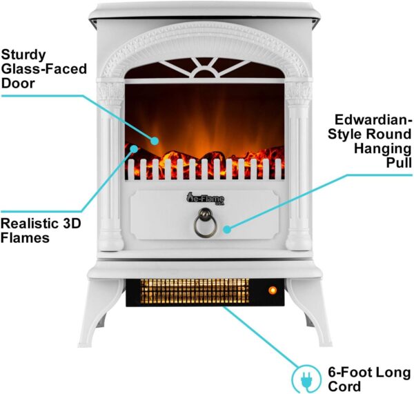Hamilton Indoor Compact Freestanding Electric Fireplace Space Heater - Realistic 3-D Wood Burning Flame (Winter White) - Image 3