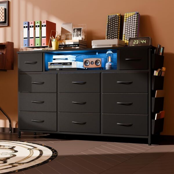 Fixwal Black Dresser for Bedroom with Power Outlets and LED Lights 11 Drawers Dresser with Side Pocket for Kids Bedroom, Fabric Chest of Drawers, for 60inch TV Long Dresser Storage Organizer - Image 2