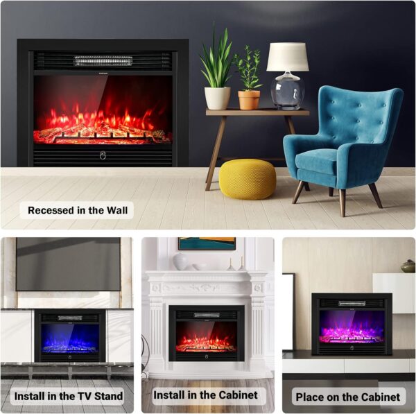 COSTWAY 28.5-Inch Electric Fireplace Inserts, 750W/1500W Wall Recessed and Freestanding Fireplace with 3 Flame Colors, 5 Brightness Settings, 8H Timer, Remote Control, Heater for Indoor Use - Image 4