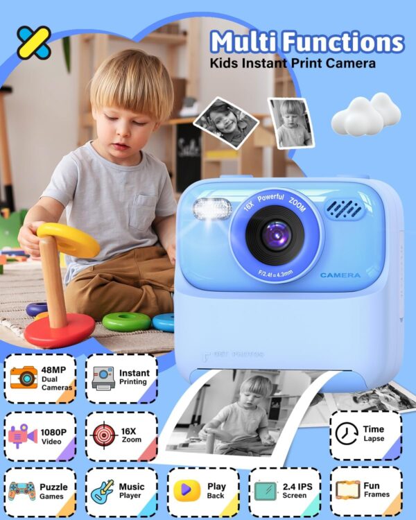 Mgaolo Kids Camera Instant Print Photo,Children Digital Camera Toys Gift with HD Video for Girls Boys 3-12 Age,Chritmas Birthday Festival Present for 3 4 5 6 7 8 9 Year Old Child (Blue) - Image 2
