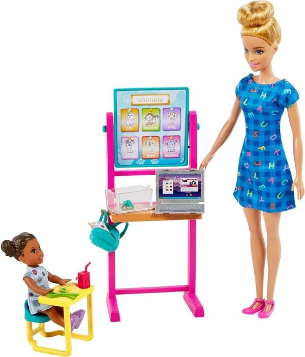 Barbie Teacher Doll (Blonde), Toddler Doll (Brunette), Flip Board, Laptop, Backpack, Toddler Desk, Pet Turtle, For Ages 3 Years Old & Up - Image 3