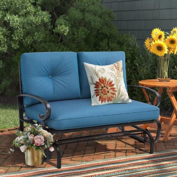 Crownland Outdoor Patio Glider Chair Porch Furniture Loveseat Seating, Wrought Iron Patio Glider for Outside with Cushion (Peacock Blue) - Image 2