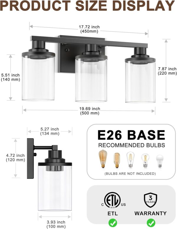 DORESshop 20 Inch Bathroom Light Fixtures, 3-Light Black Bathroom Lighting Fixtures Over Mirror with Clear Glass Shade, Vanity Lights for Bathroom Living Room Bedroom, ETL Listed - Image 4