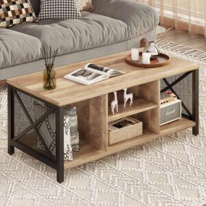FATORRI Coffee Table for Living Room, Rustic Wood Center Table with Shelves, Farmhouse Rectangle Cocktail Tea Tables (Rustic Oak)