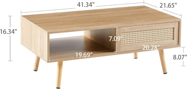Boho Coffee Table for Living Room, 41.3" Rattan Coffee Table with Sliding Doors & Open Storage Shelf, Mid-Century Center Table for Small Space, Natural - Image 2