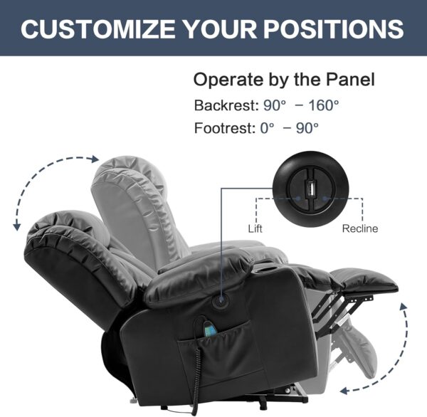 Power Lift Recliner Chair for Elderly, Electric Recliner Chairs for Adults with Massage and Heat, Remote Control, Cup Holders, USB Ports, Side Pockets, Leather (Black) - Image 5