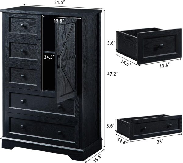 SOOWERY Dresser for Bedroom, 5 Drawer Wood Dresser, Black Dresser Farmhouse Dressers with 5 Wooden Drawers and Storage Cabinet, 48 Inch Tall Chest of Drawers for Bedroom, Living Room - Image 2