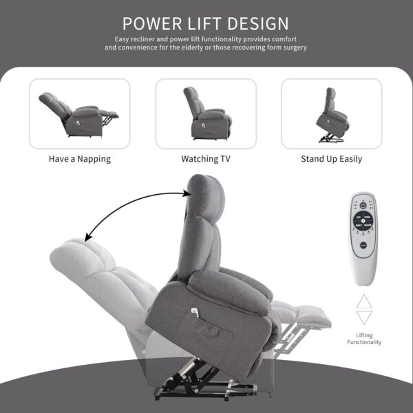 Oversized Power Lift Recliner Chair for Elderly, Big and Tall Lift Chair with Massage and Heat for Living Room, Fabric Electric Recliner Chairs with 4 Side Pockets, USB Charge Port, Grey - Image 6