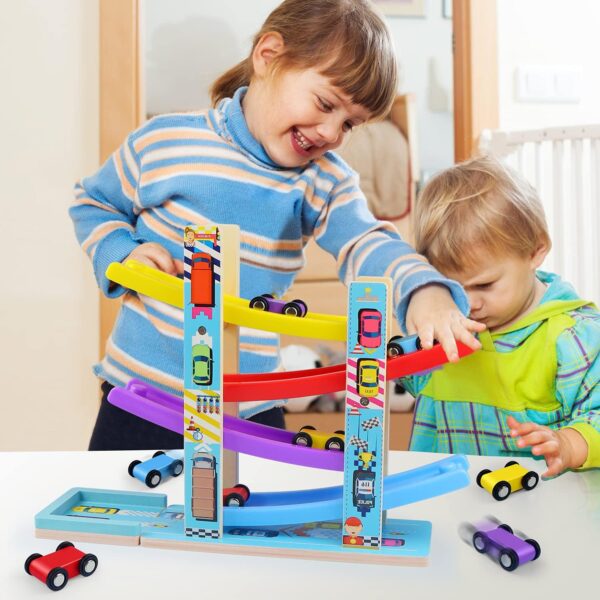 Montessori Toys for Toddlers, Children Race Track Toy with 4 Cars and 1 Wooden Parking Lot, Stable Base, Car Ramp Toy for 2 3 Year Old Boy Girl Gifts, 18 Month Old Toys for Kids - Image 7