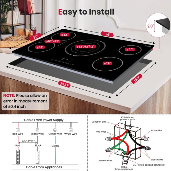 GASLAND 36 Inch Electric Cooktop 5 Burners, ETL & FCC Certificated, 9200W Built-in Radiant Ceramic Cooktop, Sync & Triple Burners, Slide Touch Control, Child Safety Lock, Hot Surface Indicator, 240V - Image 4