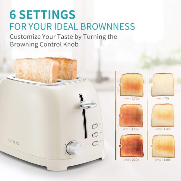 Ultrean Toaster 2 Slice with Extra-Wide Slot, Stainless Steel Toaster with Removable Crumb Tray, Small Toaster with 6 Browning Settings, Cancel, Bagel, Deforest Functions, 825 W - Image 3