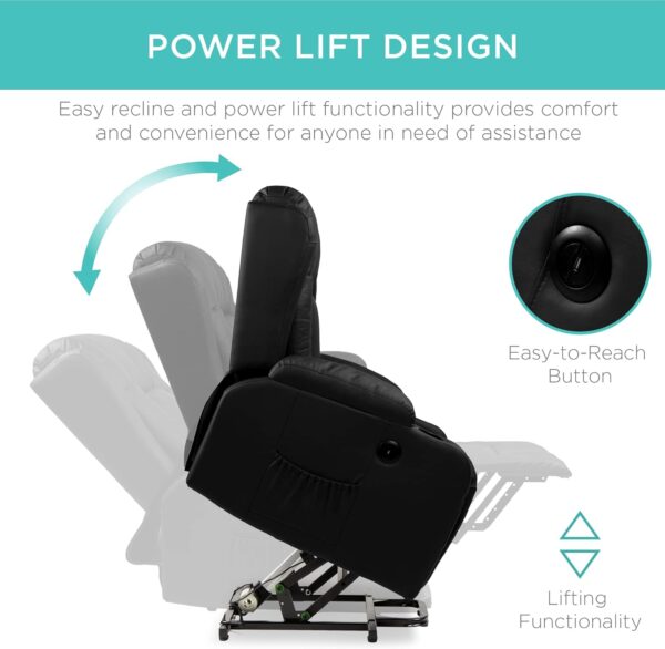 Best Choice Products PU Leather Electric Power Lift Chair, Recliner Massage Chair, Adjustable Furniture for Back, Legs w/ 3 Positions, USB Port, Heat, Cupholders, Easy-to-Reach Side Button - Black - Image 5