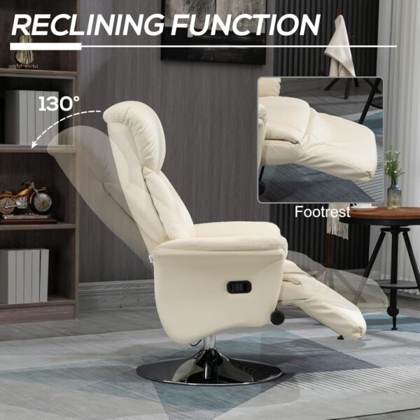 HOMCOM Swivel Recliner Chair, PU Leather Reclining Chair with Retractable Footrest, Padded Arms for Living Room - Cream White - Image 4