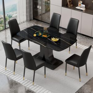 Dining Table Set for 6, 63"Kitchen Table Chairs Set of 6, Modern Dining Room Table Set for 6, Black Faux Marble Dining Tabletop with MDF Table Legs and 6 PU Leather Chairs for Kitchen living Room
