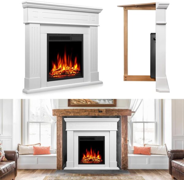 44" Corner Electric Fireplace with Mantel Package Freestanding Fireplace Heater Corner Firebox with Log & Remote Control,750-1500W,White - Image 6