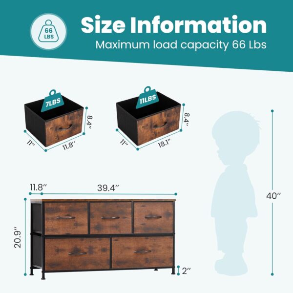 OLIXIS Organizer Storage 5, Chest of Drawers with Fabric Bins, Long Dresser with Wood Top for Bedroom, Closet, Entryway, 11.87" D x 38" W x 20.87" H, Rustic Brown - Image 3