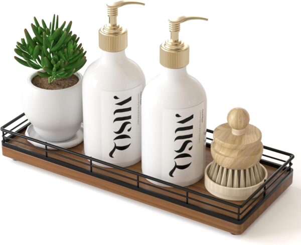 Oak Wooden Kitchen Soap Tray, 11" Sink Countertop Soap Dispenser Sponge Holder, Spice Salt and Pepper Organizer for Dining Room Decorative Perfume Jewelry Tray Coffee Table Centerpieces Decor Walnut