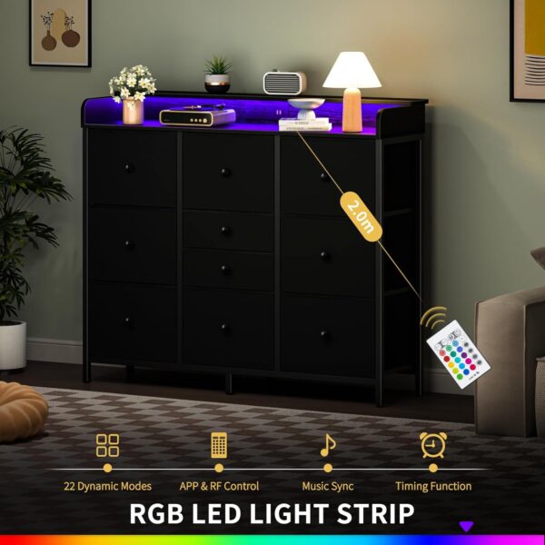 Yoobure Dresser for Bedroom with Charging Station and LED Lights, Tall Dresser TV Stand With 10 Storage Drawers,Fabric Black Dressers & Chests of Drawers,Wood Dresser for Kids Bedroom Closet Organizer - Image 6
