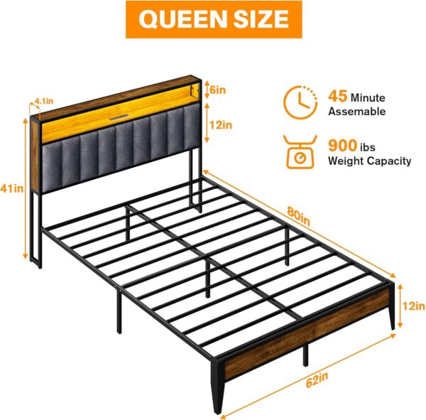 Queen Bed Frame, Queen Bed Frame with LED Light Headboard and 1 Type C & 2 USB Charging Station, Heavy Duty Metal Bed Frame No Box Spring Needed - Easy Assembly and Noise Free (English) - Image 2