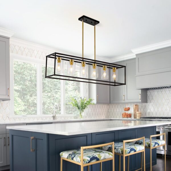 6 Lights Modern Dining Room Light Fixtures Over Table Black & Brushed Brass Gold Farmhouse Chandelier Rectangular Pendent Lighting for Kitchen with Glass Shade Long Linear Industry Hanging Light - Image 4