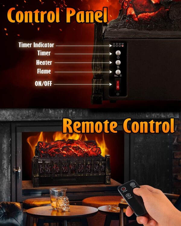 Electric Fireplace Logs Heater, Fireplace Insert with Realistic Fake Fire, 4 Flame Brightness, Remote Control, 8H Timer, Overheat Protection, Ember Bed Heater for Living Room, Christmas Decor, 1500W - Image 4