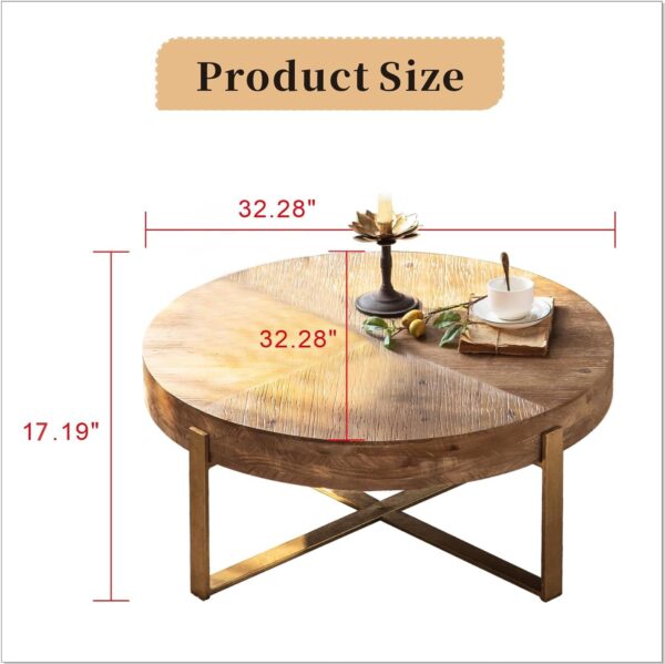 Round Wood Coffee Table for Living Room - Circle Coffee Table with Gold Metal Legs - Rustic Wooden Coffee Table Vintage Coffee Table (Espresso,32.28" D x 32.28" W x 17.72" H) - Image 2