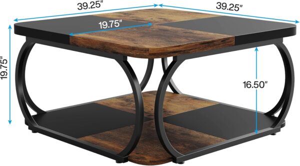 Tribesigns Square Coffee Table with 2 Tiers, 40 inches Low Farmhouse Coffee Table with Wood Storage Shelf Heavy Duty Metal Curved Frame for Modern Living Room, Black Rustic Brown - Image 2