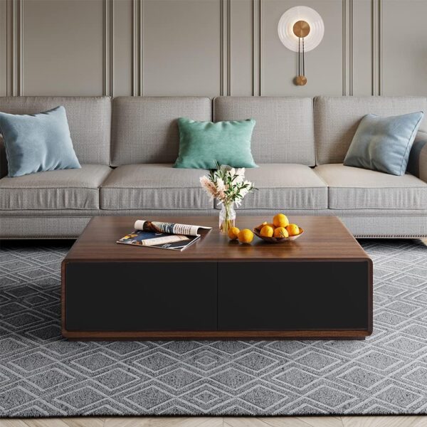 POVISON Modern Coffee Table for Living Room, 51 inch Square Coffee Table with Storage, 4-Drawers Wood Coffee Table, Full-Assembled, Walnut and Black - Image 6
