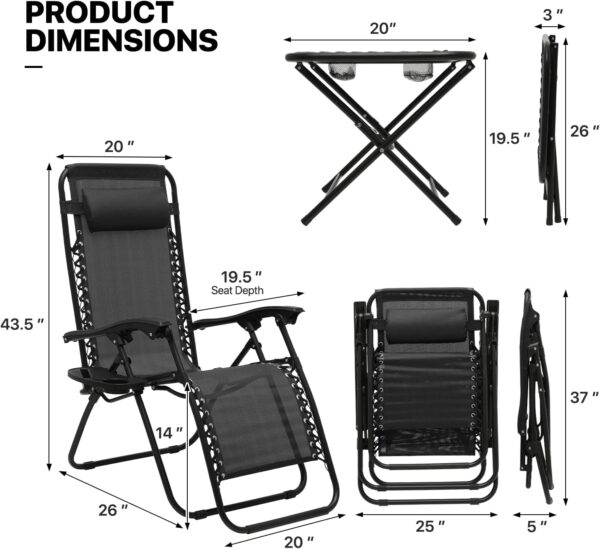 MoNiBloom Table and Patio Chairs Set of 3, Outdoor Adjustable Zero Gravity Folding Breathable Mesh Reclining Lounge Chairs with Pillow and Side Tray, 330lbs Capacity - Black - Image 3