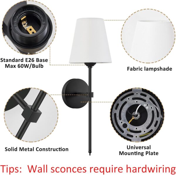 Wall Sconces Sets of 2, Retro Industrial Wall Lamps, Bathroom Vanity Sconces Wall Lighting with White Fabric Shade, Suitable for Bedroom Living Room Corridor Kitchen - Image 7