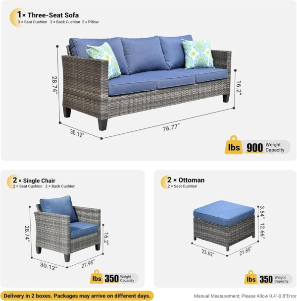 ovios Patio Furniture Set, 5 Pieces Outdoor Wicker Rattan Sofa Couch with Chairs, Ottomans and Comfy Cushions, All Weather High Back Conversation Set Garden Backyard, Denim Blue - Image 7