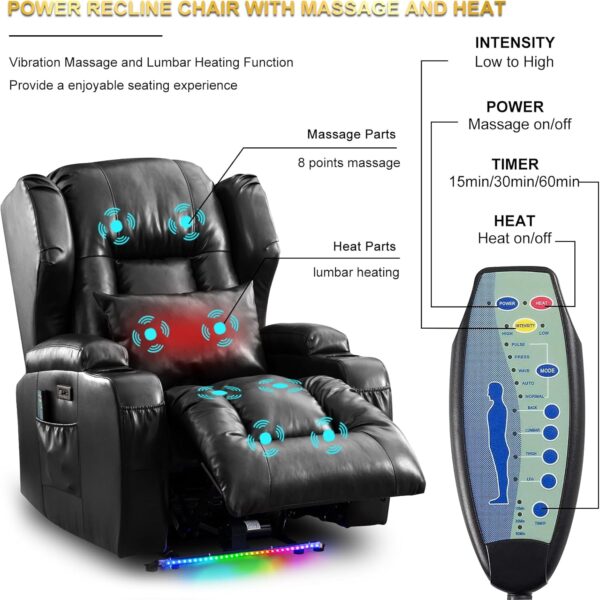 IPKIG Power Recliner Chair with LED Lights - Faux Leather Electric Home Theater Seating Movie Reclining Chairs with Lumbar Pillow/USB Port/Side Pockets/Cup Holders for Living Room, Movie Room (Black) - Image 3
