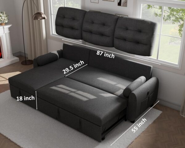 Ucloveria Sectional Sofa Couch, 87" Sleeper Sofa Bed with Reversible Storage Chaise Pull Out Couch for Living Room | Side Pocket | Charging Station | Removable Backrest | Linen Fabric, Dark Grey - Image 2