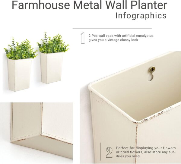 Dahey 2 Packs Metal Wall Planter with Artificial Plants, Farmhouse Wall Decor Hanging Wall Vase Boxs Galvanized Flowers Holder for Country Rustic Home Wall Decor, White - Image 5