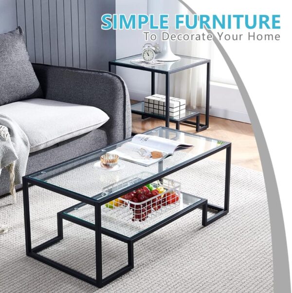 Black Metal Glass Coffee Table - Simple Center Coffee Table for Living Room Home, Metal Frame Coffee Table with 2 Shelves,Modern Table for Bedroom, Dinning Room,Office Decor - Image 6