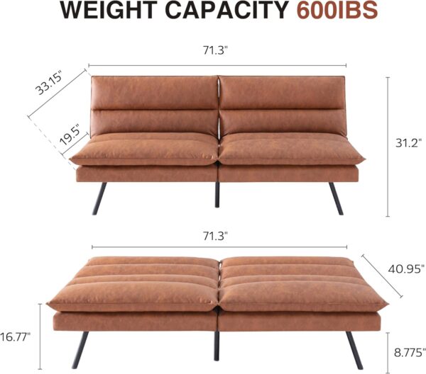 Futon Sofa Bed, Memory Foam Futon Convertible Couch Bed Sleeper, Leather Futon with Adjustable Backrest, Multi-Functional Convertible Sofa Bed, Space-Saving Sleeper Sofa for Living Room, Brown - Image 2