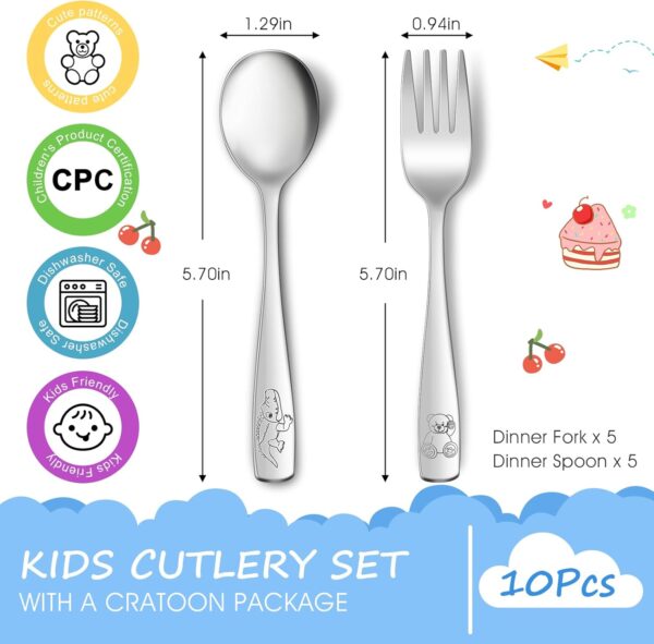 10-Piece Toddler Flatware, Kids Utensils Stainless Steel Cutlery Set, Children Safe Spoons and Forks with Ergonomic Handle, Easy to use and Dishwasher Safe (Crocodile and Bear) - Image 2