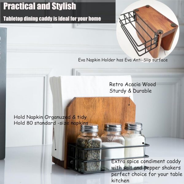 Napkin Salt and Pepper Holder, Acacia Wooden Napkin Holder For Table With Salt and Pepper Shakers Caddy,Farmhouse Napkin Holder With Metal Stand for Kitchen Dining Room Decor 6.1x5.2x5.5 - Image 3