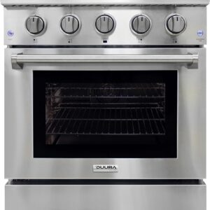 DE300GRTSS Gas Range with 4 Burner Cooktop Freestanding 30-Inch with Porcelain Convection Oven and Broil Function, Continuous Grates with Stainless Steel Construction, Metallic