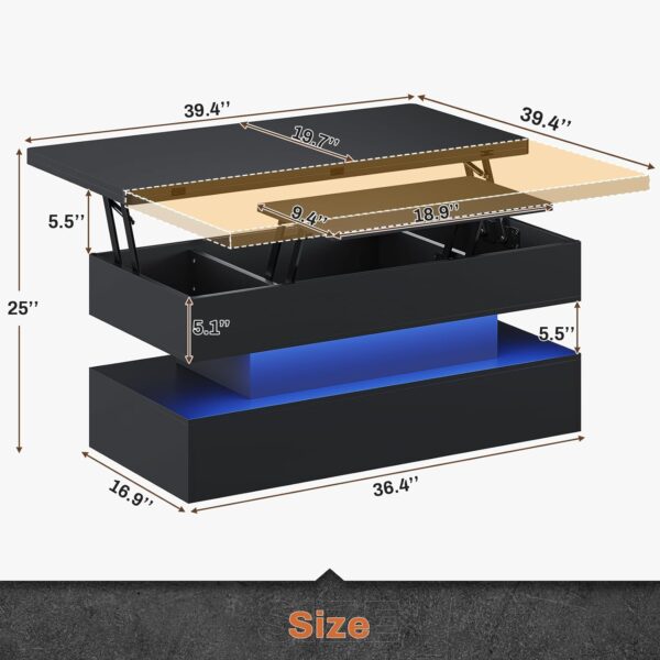 Itaar 40" Lift Top Coffee Table, 4 in 1 Coffee Table with Storage & LED Light, Small Coffee Tables for Living Room, Modern Coffee Table with Lifting Top for Dining Reception Room, Black - Image 2