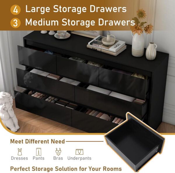 Black Malm Dresser for Bedroom, 55 Inch Long Dresser High Gloss Dresser with 7 Drawers, Modern Large Wood Chest of Drawer Handle Free, Dresser for Kids Bedroom, Living Room, Entryway, Hallway, Black - Image 4
