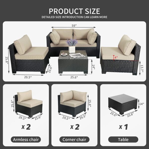 Outdoor Patio PE Wicker 5 Piece Furniture Set, Black Rattan Sectional Conversation Sofa Chair with Coffee Table,Khaki Cushion - Image 3