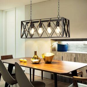 Depuley 5-Light Industrial Chandelier Light Fixture, Black Farmhouse Linear Chandeliers Pendant lights, Rectangular Metal Cage Table Island Lighting for Dining Room, Kitchen, Bar, 5*E12 Bulbs Included