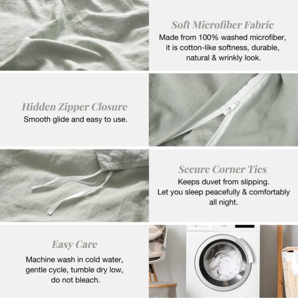MILDLY Super Soft Duvet Cover - 100% Washed Microfiber October Mist Sage Comforter Cover Set 3 Pieces with Zipper Closure & Corner Ties (No Comforter) - Image 5