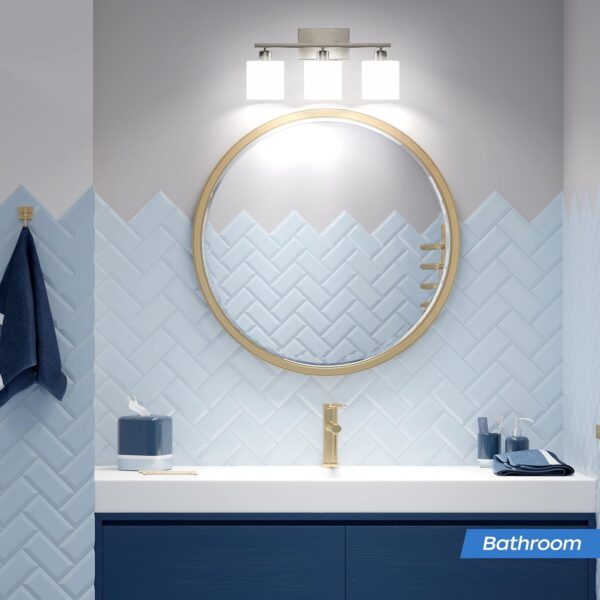 PARTPHONER Bathroom Light Fixtures, Bathroom Lighting Fixtures Over Mirror, Classic Vanity Lights, Modern Bathroom Vanity Light with Textured Frosted Opal White Glass Shades, Brushed Nickel, 3-Light - Image 7