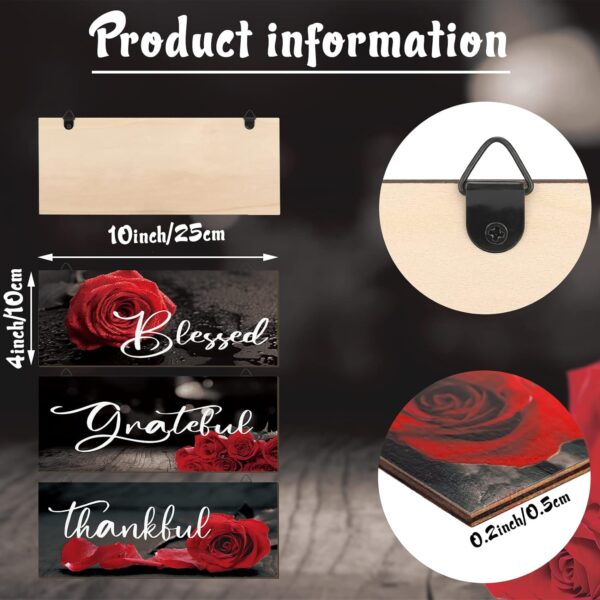 Hillban 3 Pieces Rose Wooden Wall Decor Thankful Grateful Blessed Wooden Signs Inspirational Wall Art Signs Wedding Wall Decor for Room Kitchen Bathroom (Red,10 x 4 Inch) - Image 3
