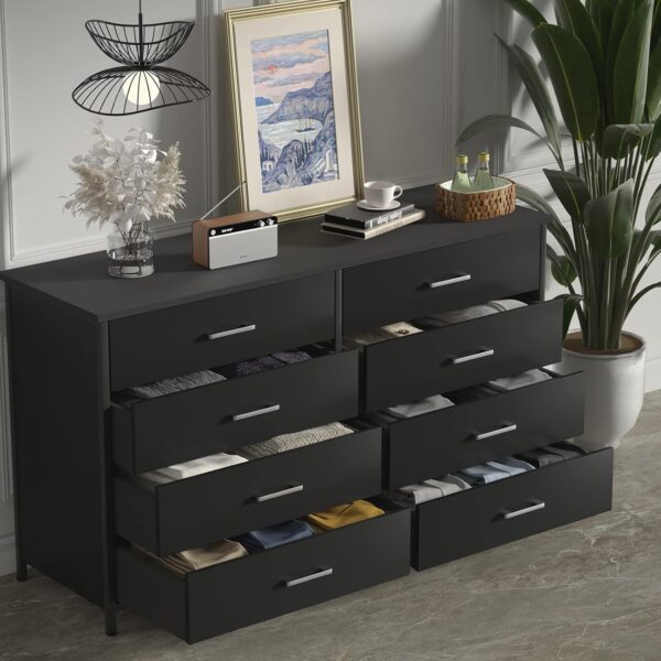 IKENO 8 Drawer Dresser for Bedroom, Industrial Wood Dresser Wide 8 Chest of Drawers, Wooden Storage Organizer Dresser with Sturdy Steel Frame (Black) - Image 3