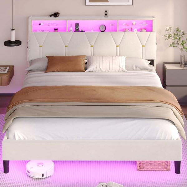 Full Size Bed Frame with Headboard Storage & LED Lights, Platform Bed Frame Full Size with Charging Station, Velvet Upholstered Bed with Shelf Headboard, No Box Spring Needed, Creamy White - Image 6